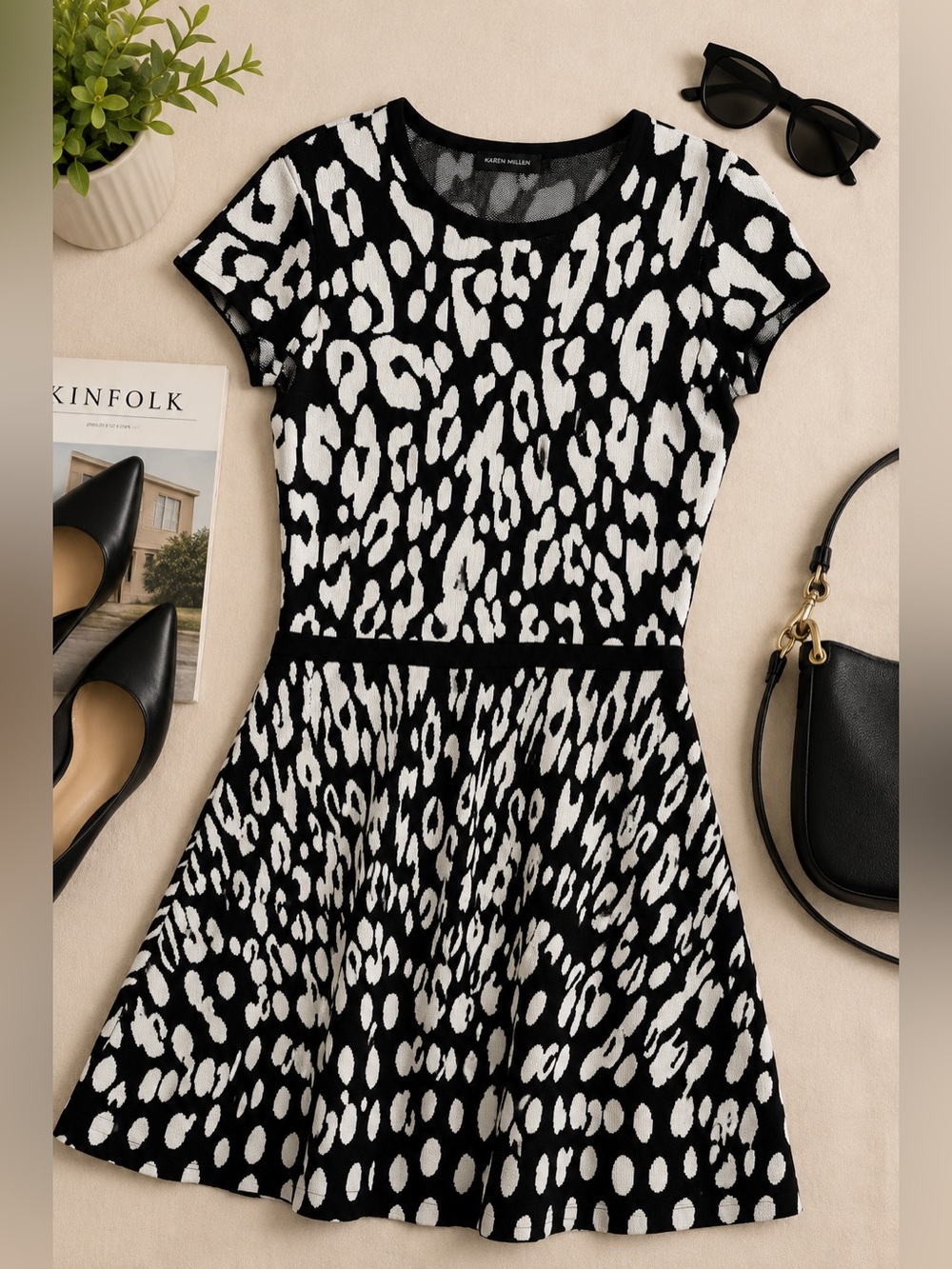 Karen Millen Black & White Abstract Animal Print Fit & Flare Knit Dress
